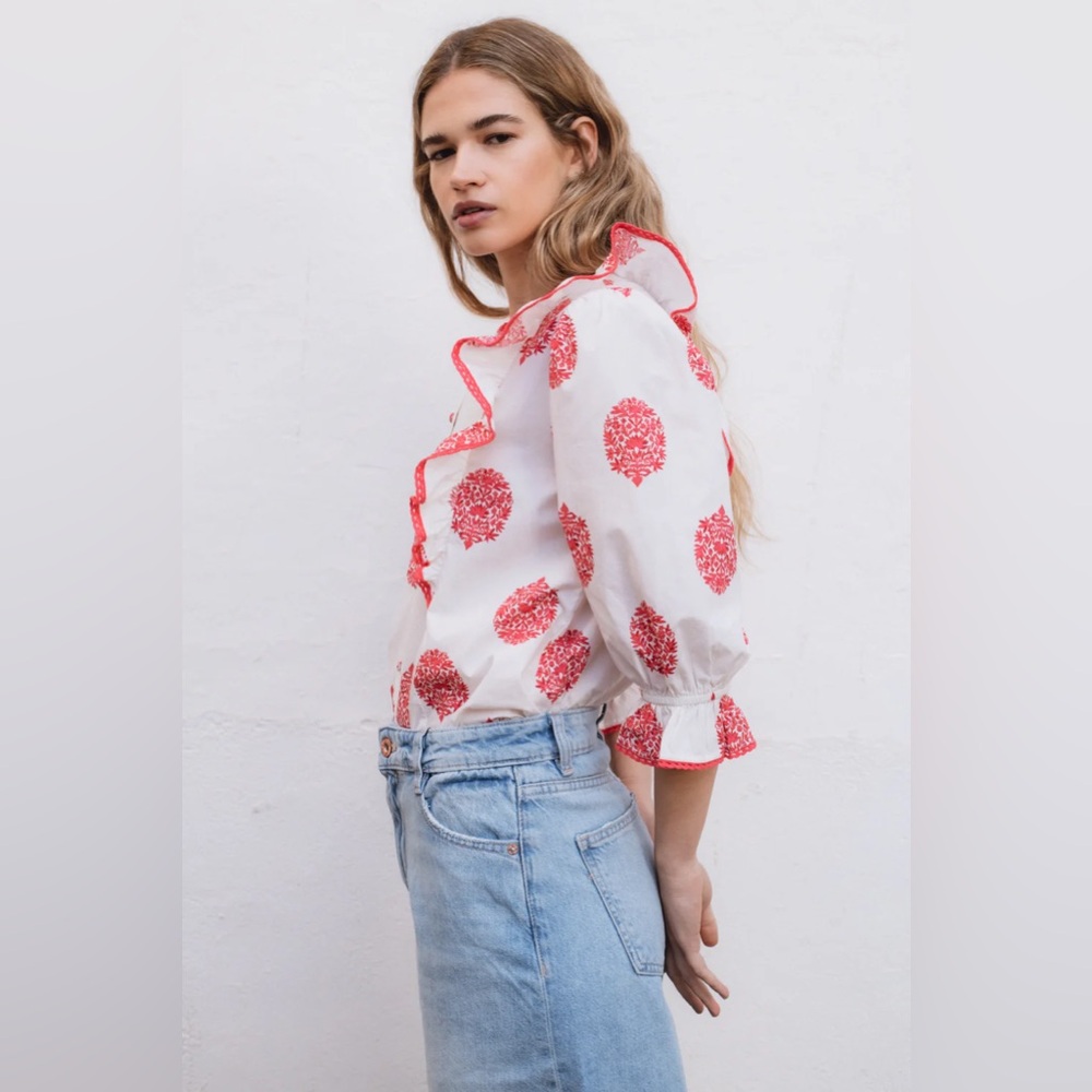 White and Red Ruffle Button-Front Blouse - Picture 3 of 3